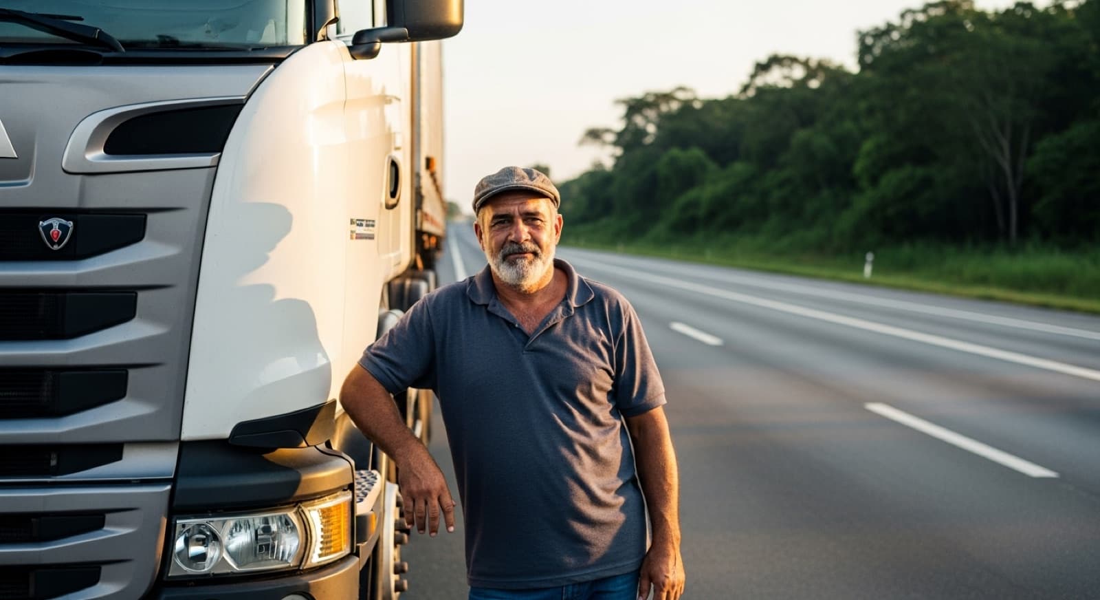 Vista do caminhoneiro de dentro da cabine, olhando para a estrada à frente
