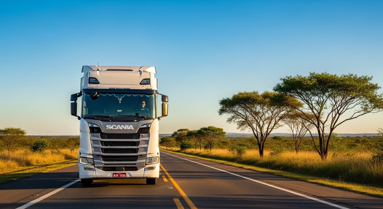 Cavalo mecânico Scania rodando em rodovia federal brasileira no cerrado ao entardecer