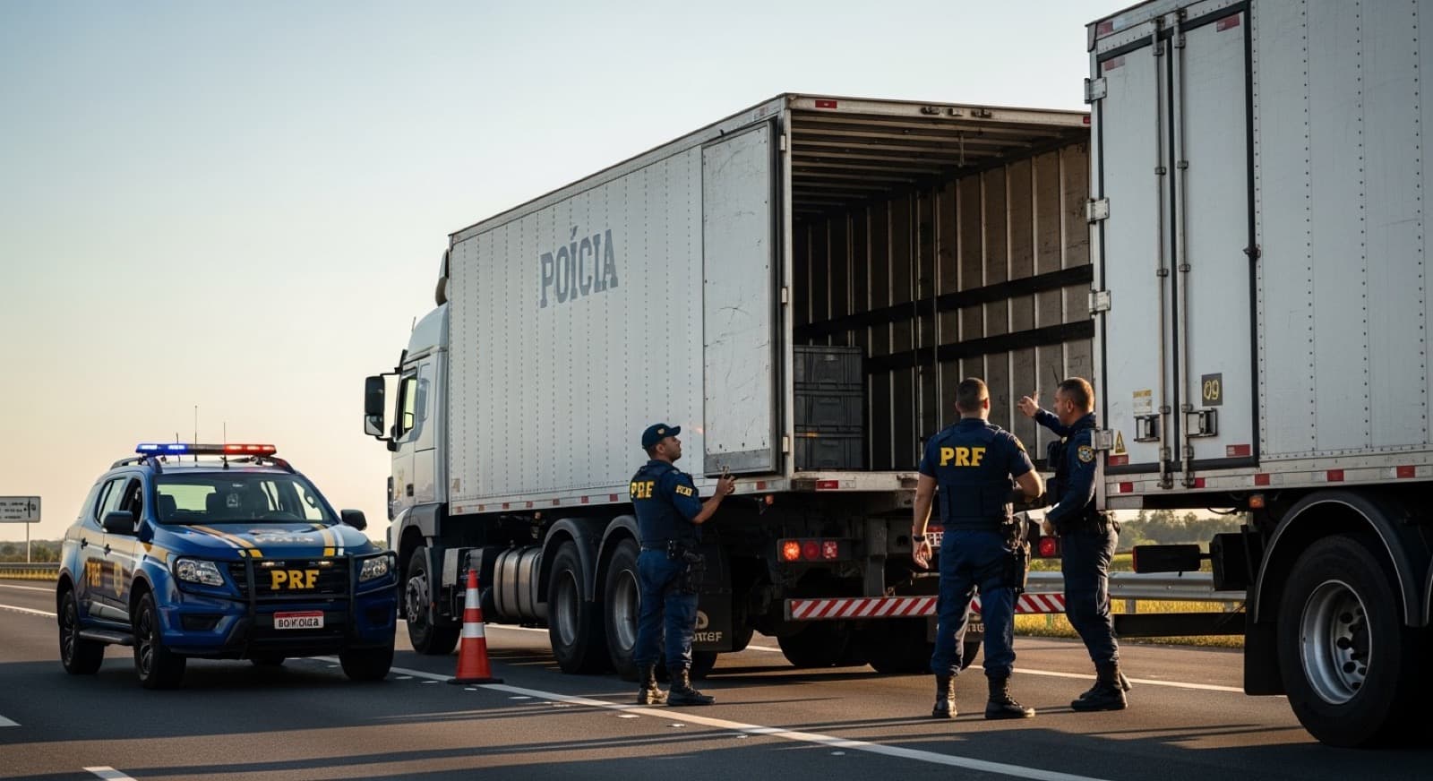 Agentes da Polícia Rodoviária Federal realizando blitz de fiscalização de carga em caminhão baú na rodovia federal